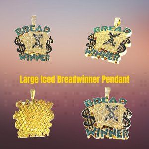 Large High-Quality Real 14k Gold Plated Iced Bread Winner Money Cash Pendant